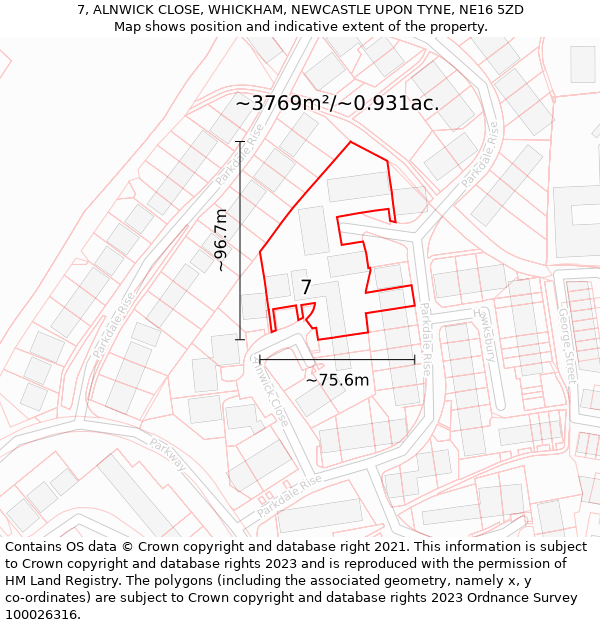 7, ALNWICK CLOSE, WHICKHAM, NEWCASTLE UPON TYNE, NE16 5ZD: Plot and title map