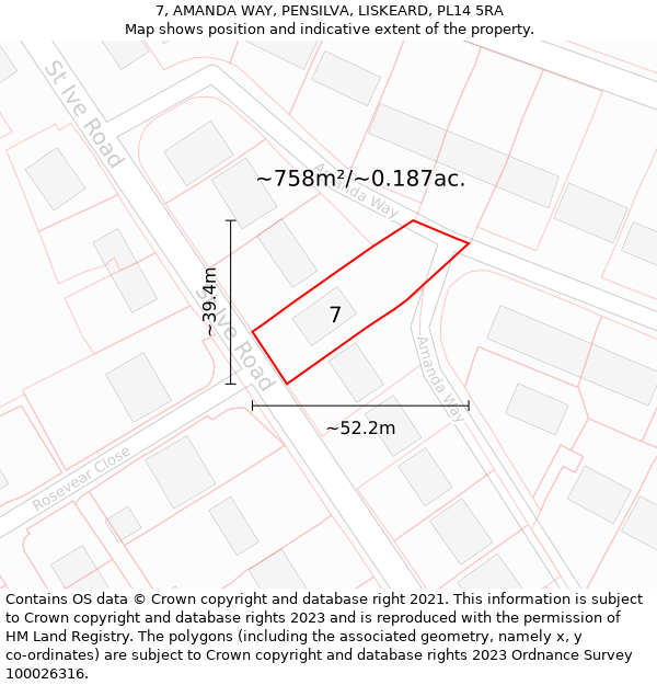 7, AMANDA WAY, PENSILVA, LISKEARD, PL14 5RA: Plot and title map