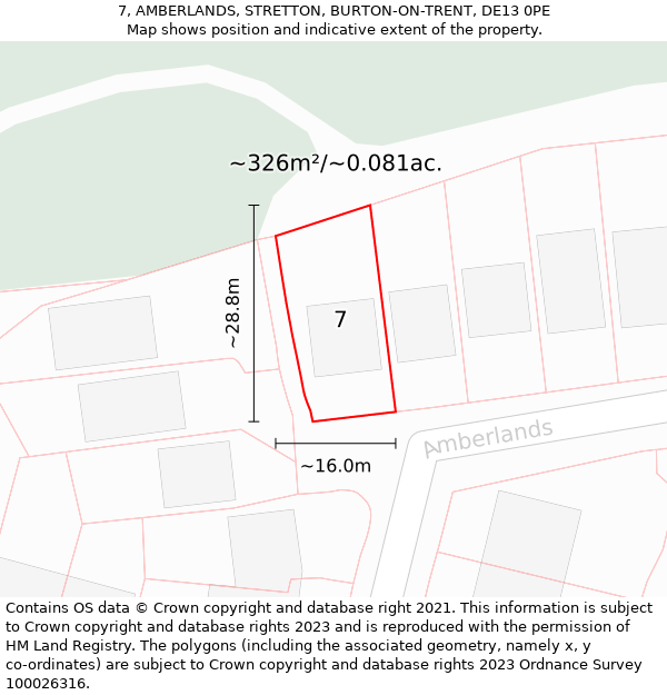 7, AMBERLANDS, STRETTON, BURTON-ON-TRENT, DE13 0PE: Plot and title map