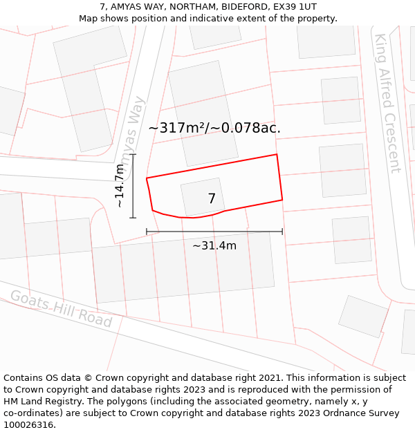 7, AMYAS WAY, NORTHAM, BIDEFORD, EX39 1UT: Plot and title map