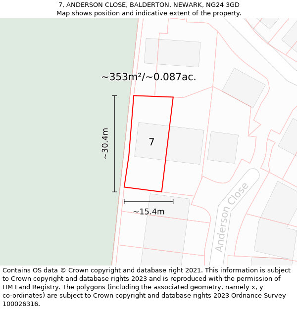 7, ANDERSON CLOSE, BALDERTON, NEWARK, NG24 3GD: Plot and title map