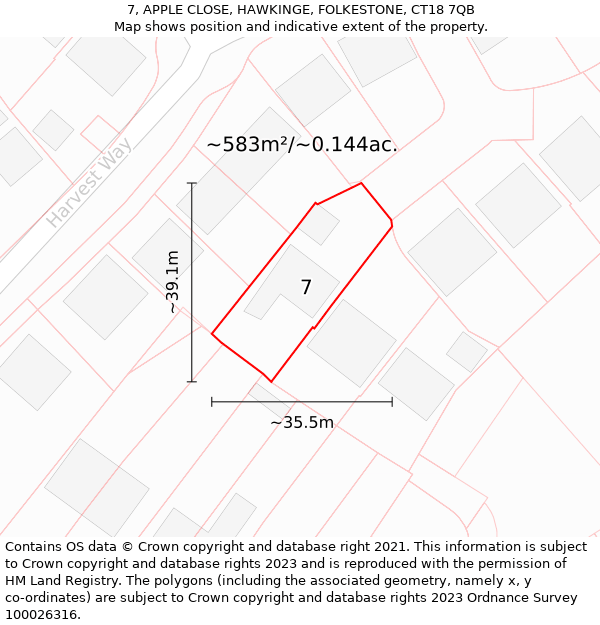 7, APPLE CLOSE, HAWKINGE, FOLKESTONE, CT18 7QB: Plot and title map