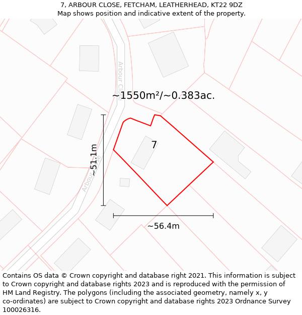 7, ARBOUR CLOSE, FETCHAM, LEATHERHEAD, KT22 9DZ: Plot and title map