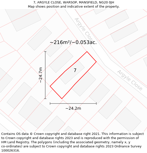 7, ARGYLE CLOSE, WARSOP, MANSFIELD, NG20 0JH: Plot and title map