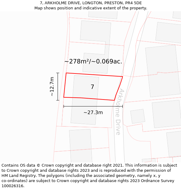 7, ARKHOLME DRIVE, LONGTON, PRESTON, PR4 5DE: Plot and title map