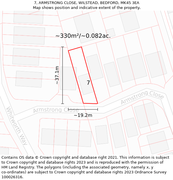 7, ARMSTRONG CLOSE, WILSTEAD, BEDFORD, MK45 3EA: Plot and title map