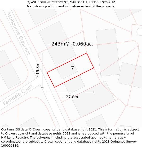 7, ASHBOURNE CRESCENT, GARFORTH, LEEDS, LS25 2HZ: Plot and title map