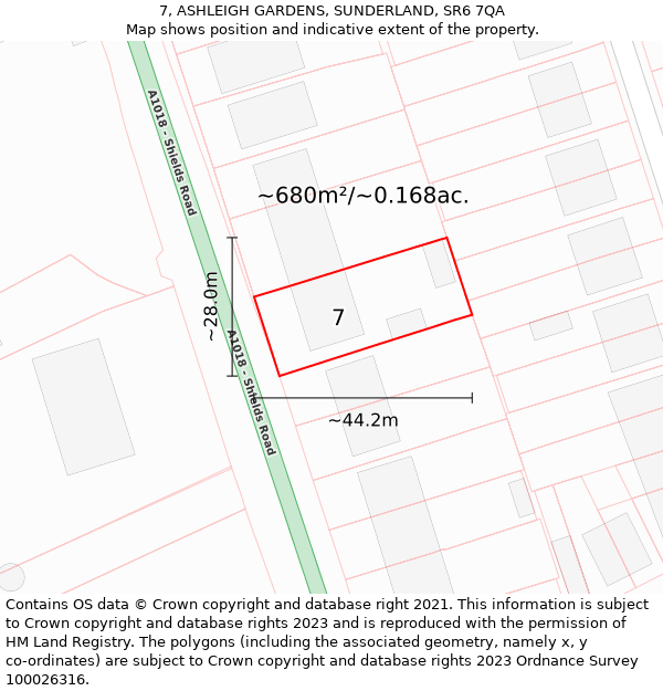 7, ASHLEIGH GARDENS, SUNDERLAND, SR6 7QA: Plot and title map