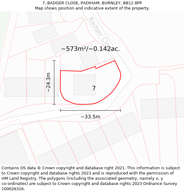 7, BADGER CLOSE, PADIHAM, BURNLEY, BB12 8PP: Plot and title map