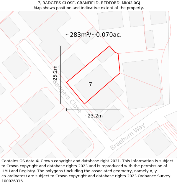 7, BADGERS CLOSE, CRANFIELD, BEDFORD, MK43 0GJ: Plot and title map