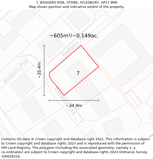 7, BADGERS RISE, STONE, AYLESBURY, HP17 8RR: Plot and title map