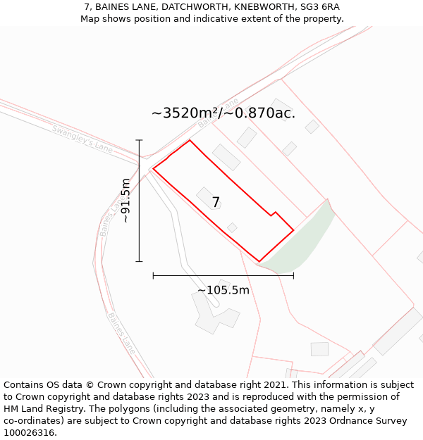 7, BAINES LANE, DATCHWORTH, KNEBWORTH, SG3 6RA: Plot and title map