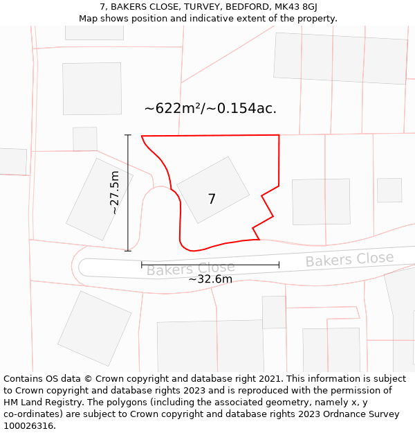 7, BAKERS CLOSE, TURVEY, BEDFORD, MK43 8GJ: Plot and title map