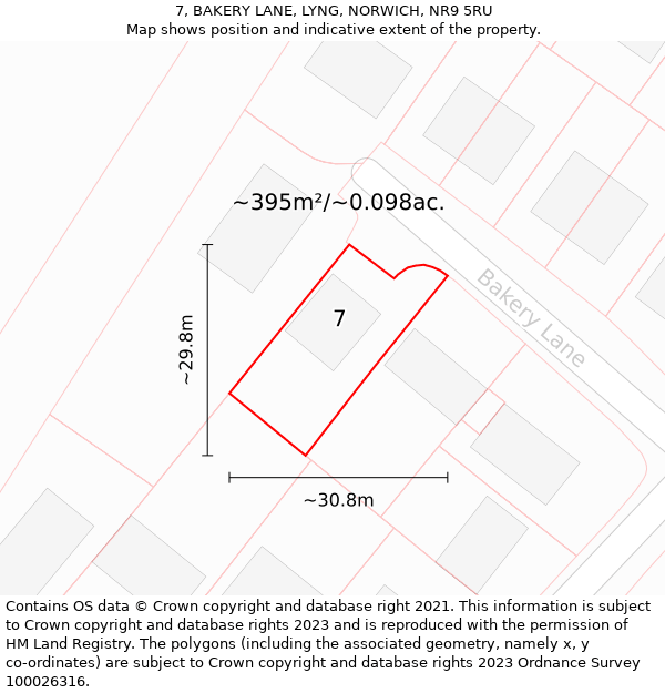 7, BAKERY LANE, LYNG, NORWICH, NR9 5RU: Plot and title map