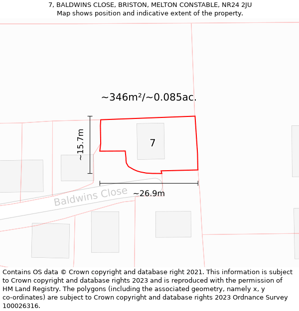 7, BALDWINS CLOSE, BRISTON, MELTON CONSTABLE, NR24 2JU: Plot and title map