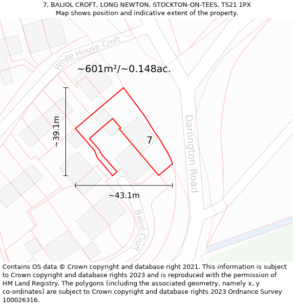 7, BALIOL CROFT, LONG NEWTON, STOCKTON-ON-TEES, TS21 1PX: Plot and title map