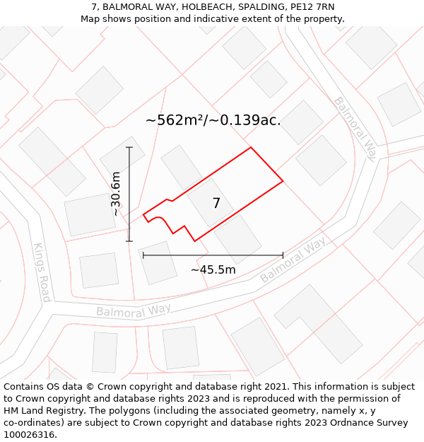 7, BALMORAL WAY, HOLBEACH, SPALDING, PE12 7RN: Plot and title map