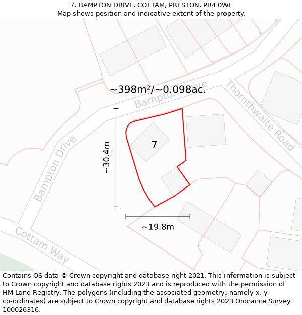 7, BAMPTON DRIVE, COTTAM, PRESTON, PR4 0WL: Plot and title map