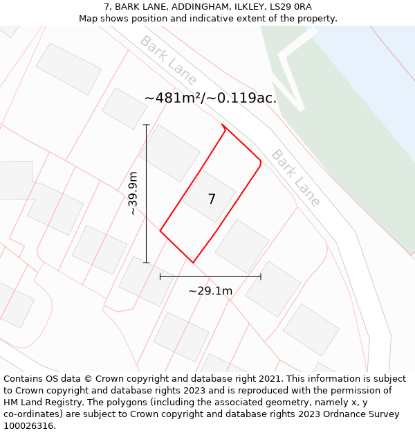 7, BARK LANE, ADDINGHAM, ILKLEY, LS29 0RA: Plot and title map
