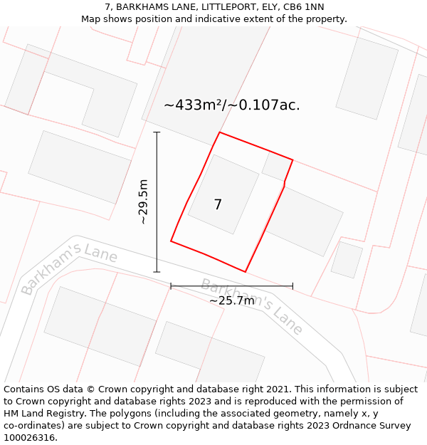 7, BARKHAMS LANE, LITTLEPORT, ELY, CB6 1NN: Plot and title map