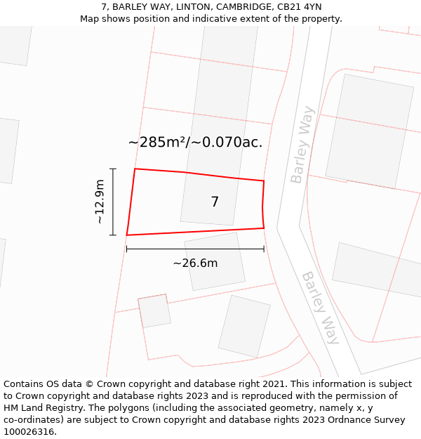 7, BARLEY WAY, LINTON, CAMBRIDGE, CB21 4YN: Plot and title map