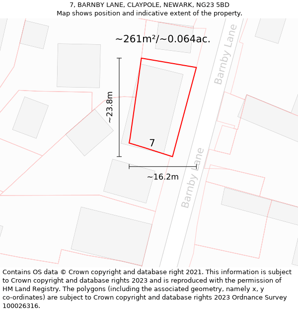 7, BARNBY LANE, CLAYPOLE, NEWARK, NG23 5BD: Plot and title map