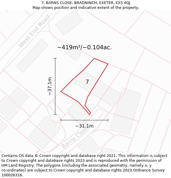 7, BARNS CLOSE, BRADNINCH, EXETER, EX5 4QJ: Plot and title map