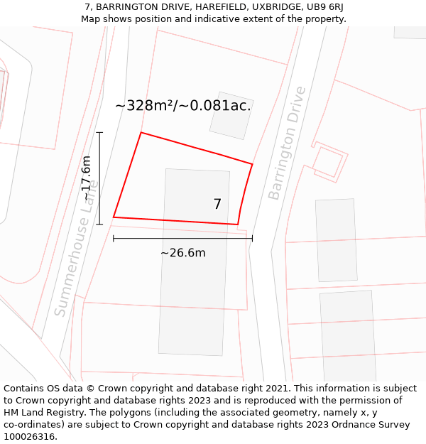 7, BARRINGTON DRIVE, HAREFIELD, UXBRIDGE, UB9 6RJ: Plot and title map