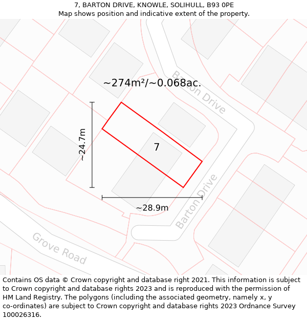 7, BARTON DRIVE, KNOWLE, SOLIHULL, B93 0PE: Plot and title map