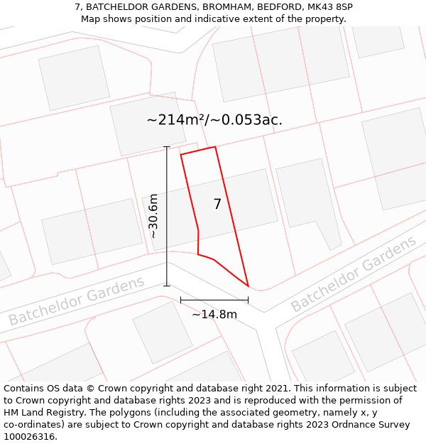 7, BATCHELDOR GARDENS, BROMHAM, BEDFORD, MK43 8SP: Plot and title map