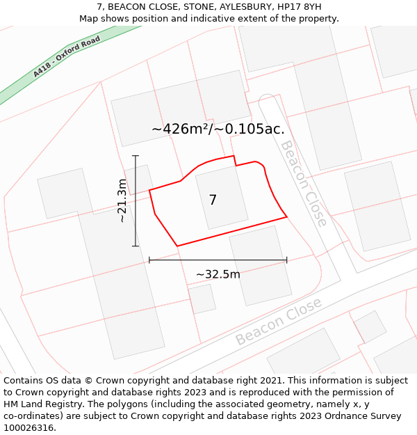 7, BEACON CLOSE, STONE, AYLESBURY, HP17 8YH: Plot and title map