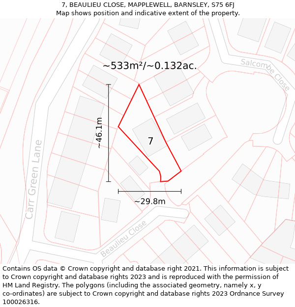 7, BEAULIEU CLOSE, MAPPLEWELL, BARNSLEY, S75 6FJ: Plot and title map