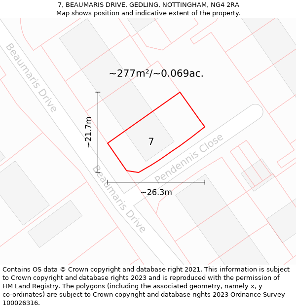 7, BEAUMARIS DRIVE, GEDLING, NOTTINGHAM, NG4 2RA: Plot and title map