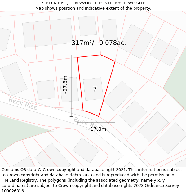 7, BECK RISE, HEMSWORTH, PONTEFRACT, WF9 4TP: Plot and title map