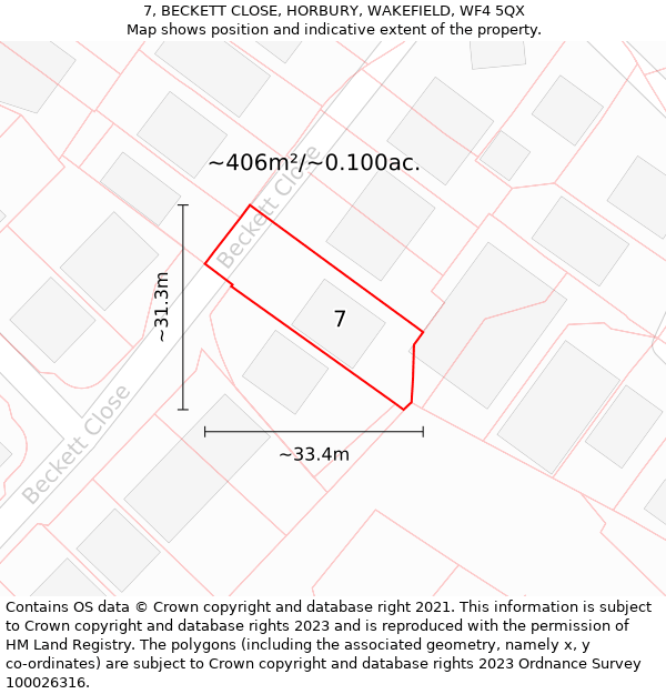 7, BECKETT CLOSE, HORBURY, WAKEFIELD, WF4 5QX: Plot and title map