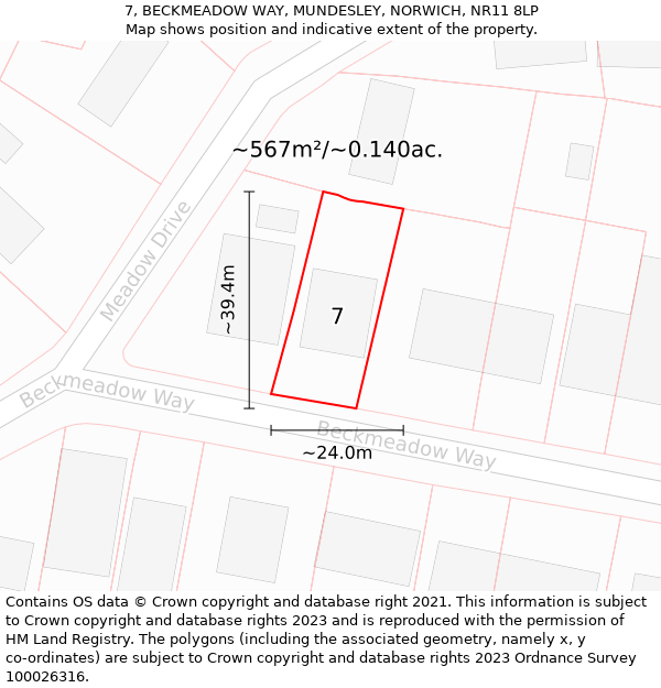 7, BECKMEADOW WAY, MUNDESLEY, NORWICH, NR11 8LP: Plot and title map