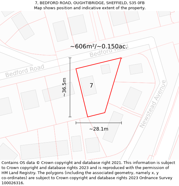 7, BEDFORD ROAD, OUGHTIBRIDGE, SHEFFIELD, S35 0FB: Plot and title map