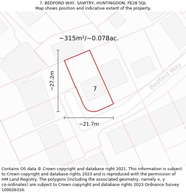 7, BEDFORD WAY, SAWTRY, HUNTINGDON, PE28 5QL: Plot and title map