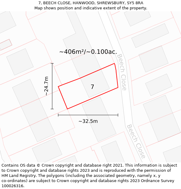 7, BEECH CLOSE, HANWOOD, SHREWSBURY, SY5 8RA: Plot and title map