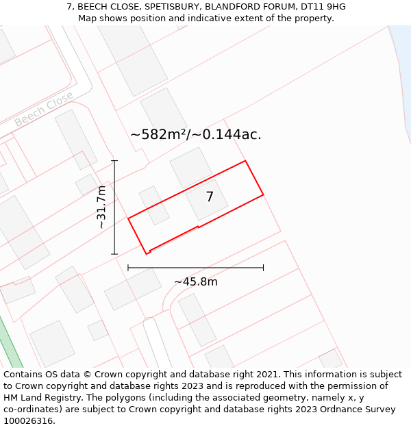 7, BEECH CLOSE, SPETISBURY, BLANDFORD FORUM, DT11 9HG: Plot and title map