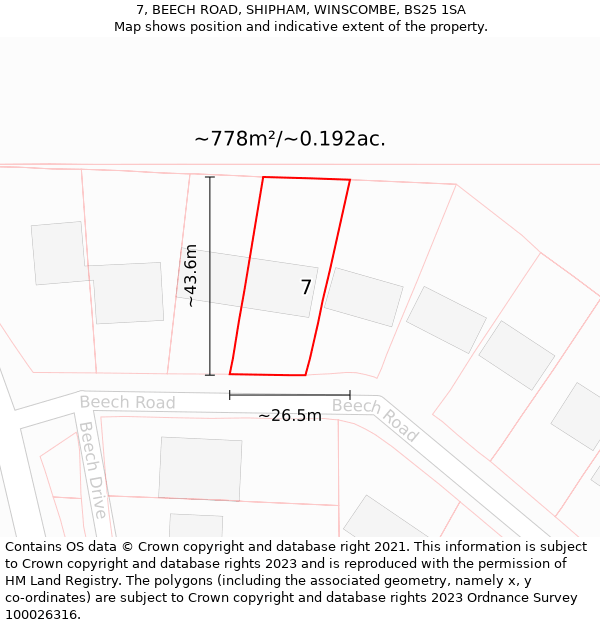 7, BEECH ROAD, SHIPHAM, WINSCOMBE, BS25 1SA: Plot and title map