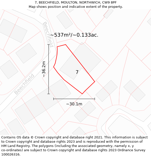 7, BEECHFIELD, MOULTON, NORTHWICH, CW9 8PF: Plot and title map