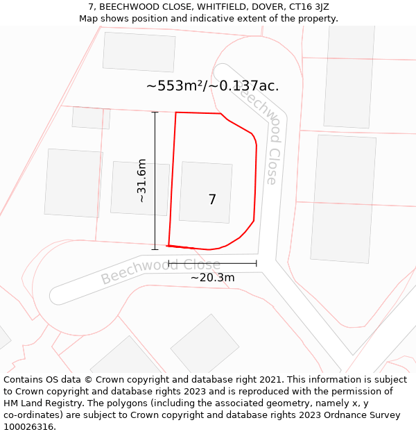 7, BEECHWOOD CLOSE, WHITFIELD, DOVER, CT16 3JZ: Plot and title map