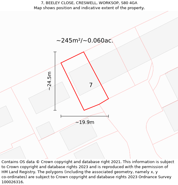 7, BEELEY CLOSE, CRESWELL, WORKSOP, S80 4GA: Plot and title map