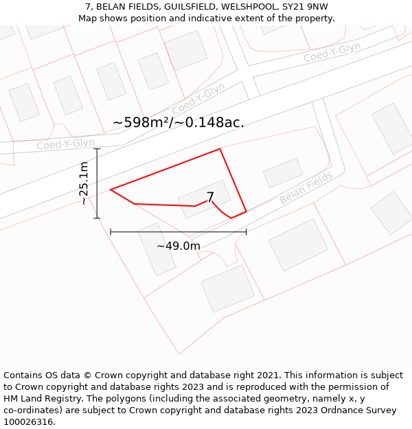 7, BELAN FIELDS, GUILSFIELD, WELSHPOOL, SY21 9NW: Plot and title map