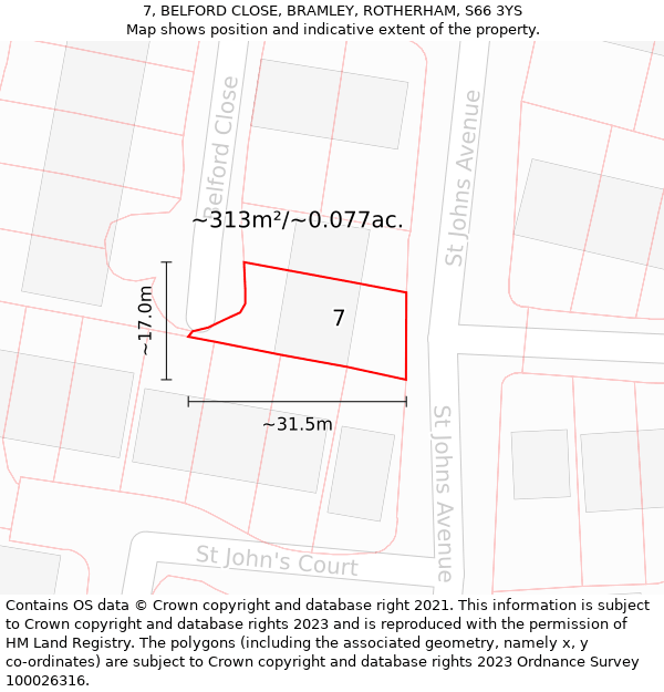 7, BELFORD CLOSE, BRAMLEY, ROTHERHAM, S66 3YS: Plot and title map