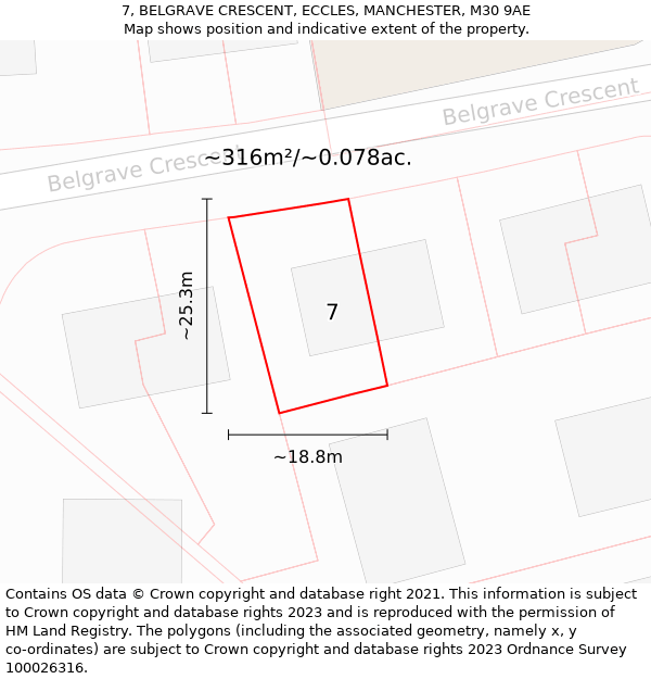 7, BELGRAVE CRESCENT, ECCLES, MANCHESTER, M30 9AE: Plot and title map
