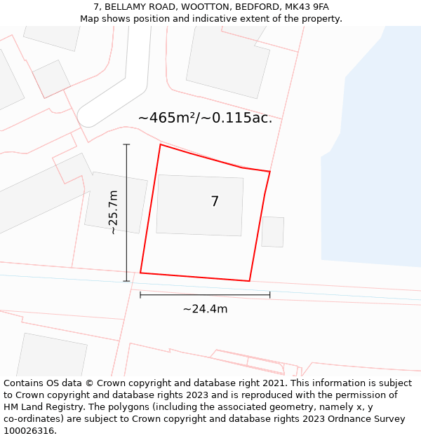 7, BELLAMY ROAD, WOOTTON, BEDFORD, MK43 9FA: Plot and title map