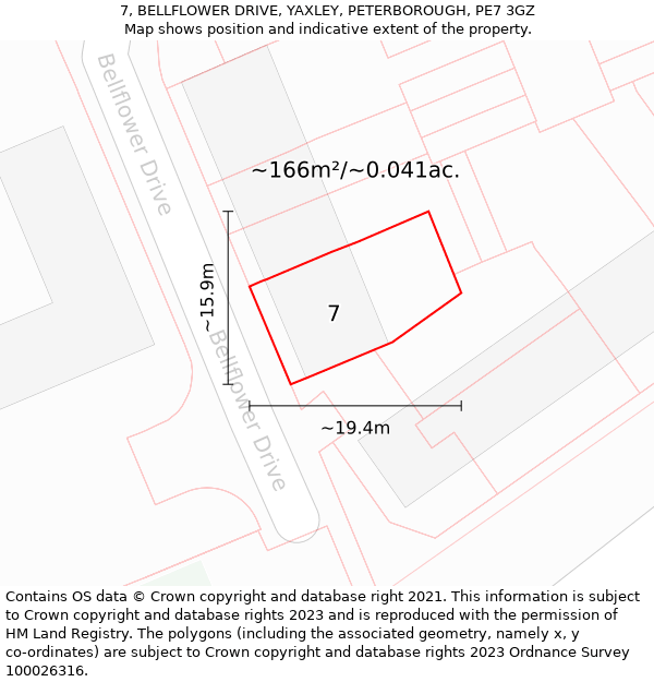 7, BELLFLOWER DRIVE, YAXLEY, PETERBOROUGH, PE7 3GZ: Plot and title map