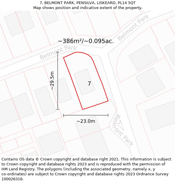 7, BELMONT PARK, PENSILVA, LISKEARD, PL14 5QT: Plot and title map